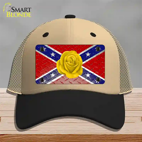 Confederate Flag With Yellow Rose Novelty License Plate Hat Mesh / Khaki|Black