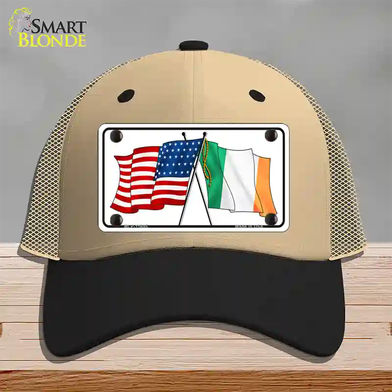 Ireland USA Crossed Flag Novelty License Plate Hat Mesh / Khaki|Black