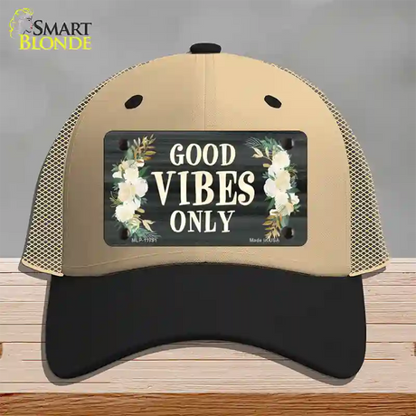 Good Vibes Only Novelty License Plate Hat Mesh / Khaki|Black