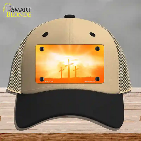 Crosses in the Sun Orange Novelty License Plate Hat Mesh / Khaki|Black