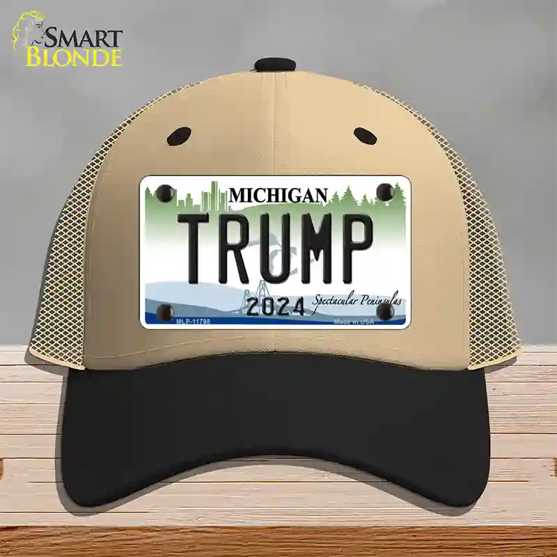 Trump 2024 Michigan Background Novelty License Plate Hat Mesh / Khaki|Black