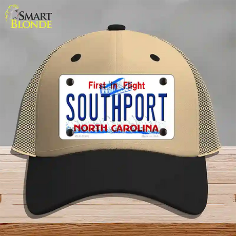 Southport North Carolina Novelty License Plate Hat Mesh / Khaki|Black