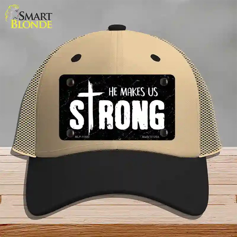 He Makes Us Strong Novelty License Plate Hat Mesh / Khaki|Black