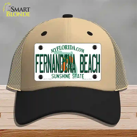 Florida Fernandina Beach Novelty License Plate Hat Mesh / Khaki|Black