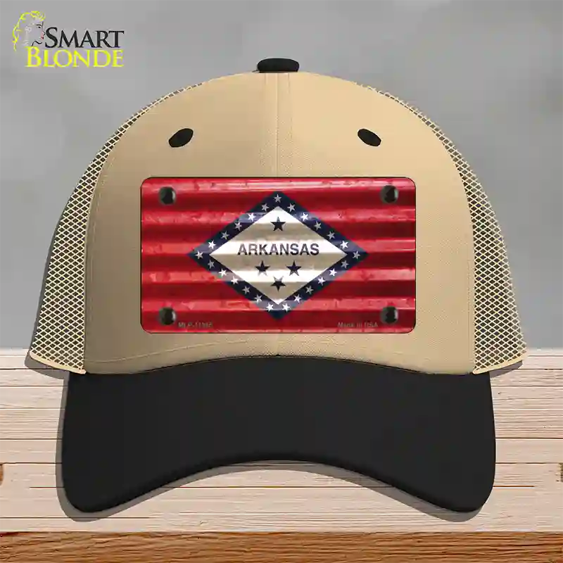 Arkansas Corrugated Flag Novelty License Plate Hat Mesh / Khaki|Black