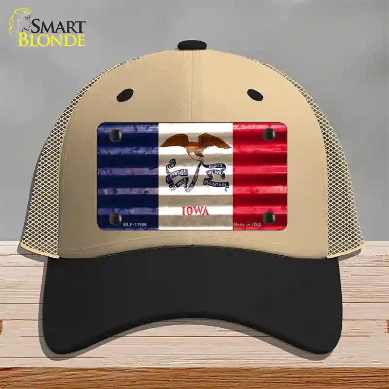 Iowa Corrugated Flag Novelty License Plate Hat Mesh / Khaki|Black