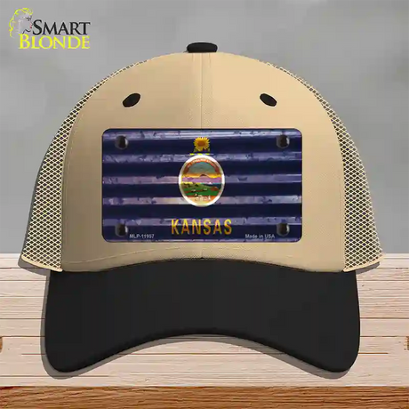 Kansas Corrugated Flag Novelty License Plate Hat Mesh / Khaki|Black