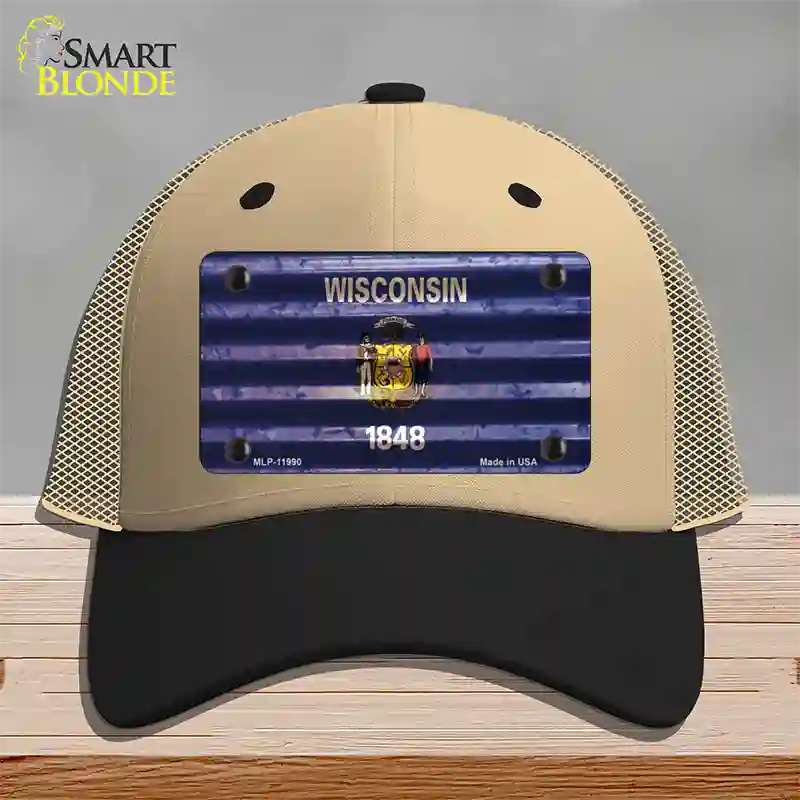 Wisconsin Corrugated Flag Novelty License Plate Hat Mesh / Khaki|Black