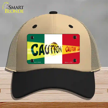 Caution Mexico Flag Novelty License Plate Hat Mesh / Khaki|Black