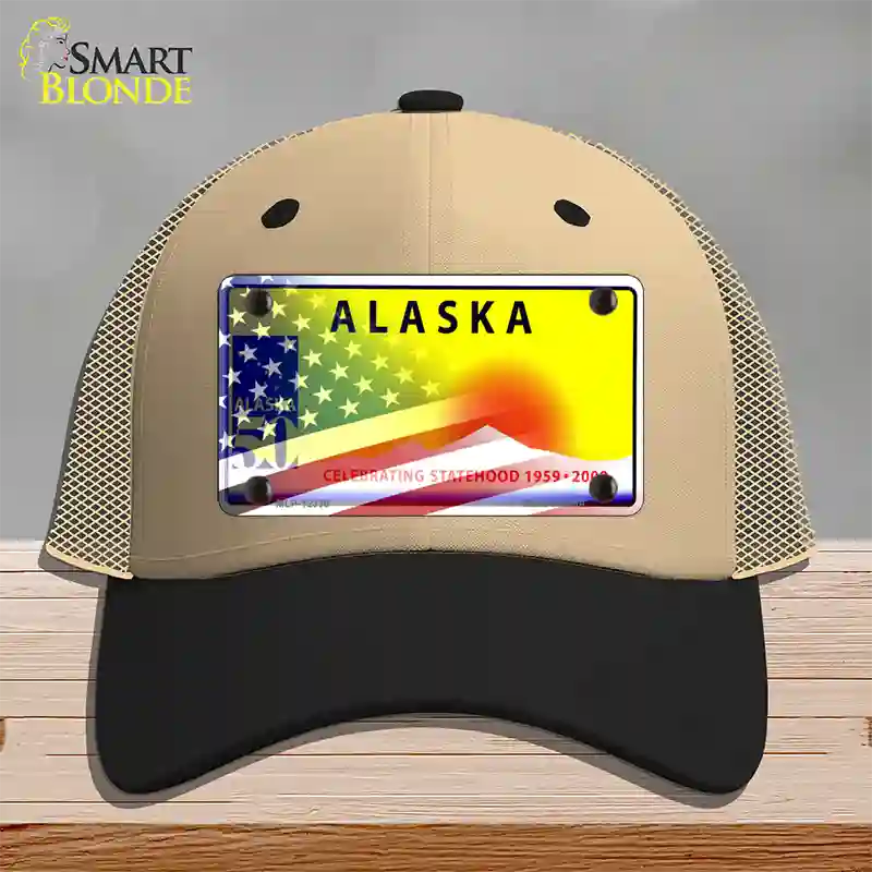 Alaska with American Flag Novelty License Plate Hat Khaki Mesh