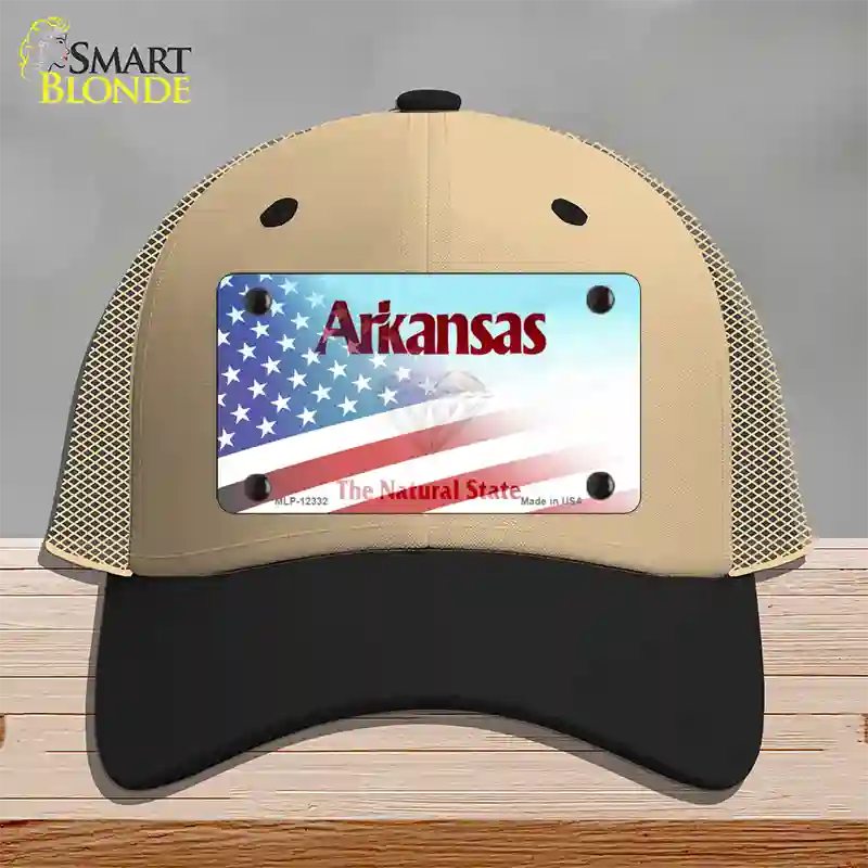 Arkansas with American Flag Novelty License Plate Hat Khaki Mesh