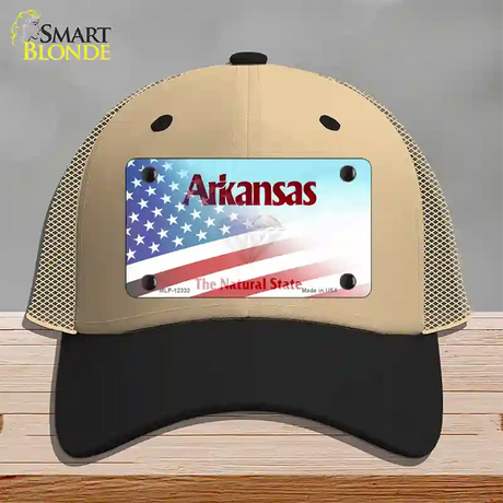 Arkansas with American Flag Novelty License Plate Hat Khaki Mesh