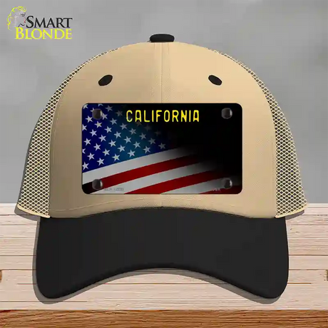 California with American Flag Novelty License Plate Hat Mesh / Khaki|Black