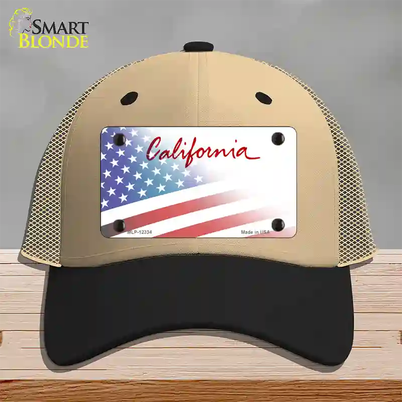 California Plate American Flag Novelty License Plate Hat Mesh / Khaki|Black