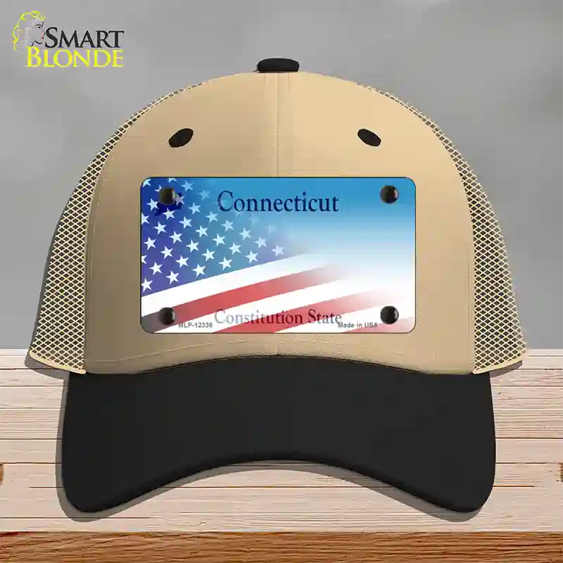 Connecticut with American Flag Novelty License Plate Hat Mesh / Khaki|Black