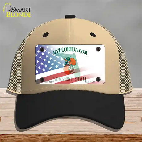 Florida with American Flag Novelty License Plate Hat Mesh / Khaki|Black