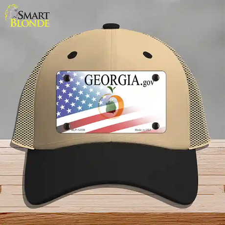 Georgia with American Flag Novelty License Plate Hat Mesh / Khaki|Black