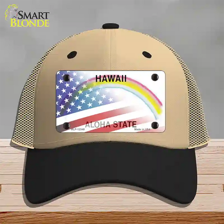 Hawaii with American Flag Novelty License Plate Hat Mesh / Khaki|Black