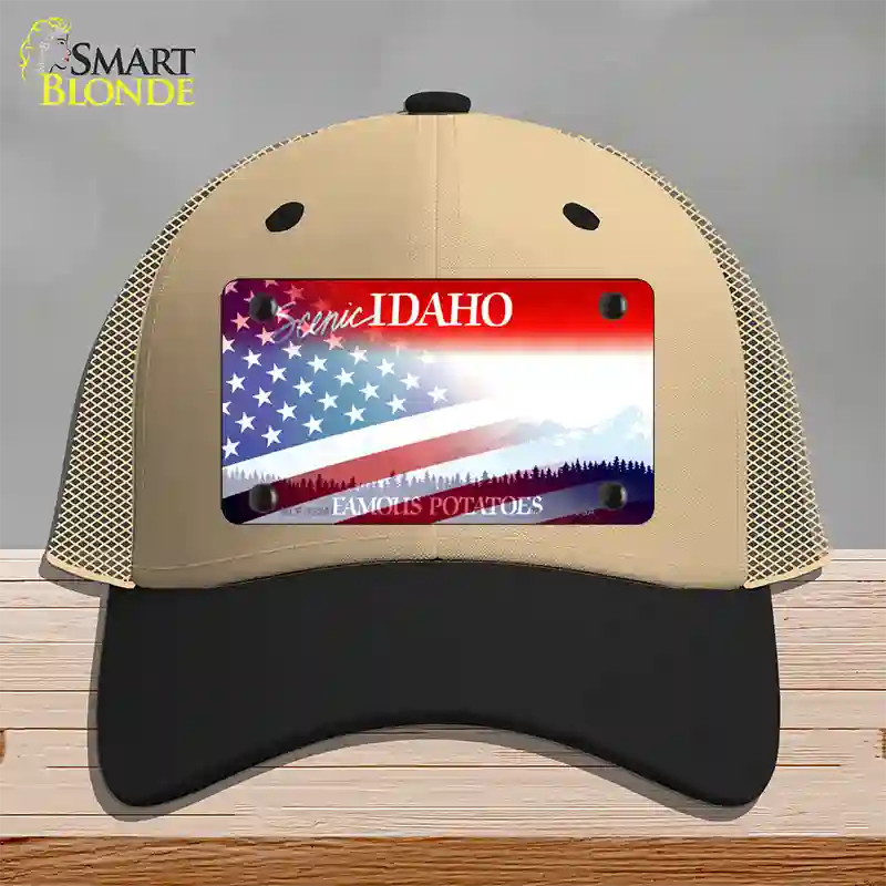 Idaho with American Flag Novelty License Plate Hat Mesh / Khaki|Black