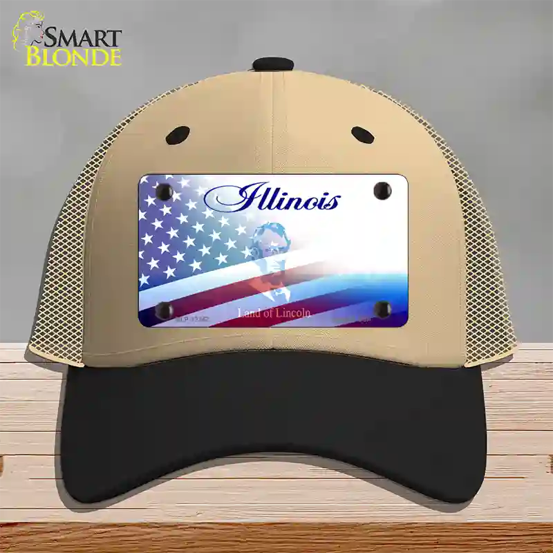 Illinois with American Flag Novelty License Plate Hat Mesh / Khaki|Black