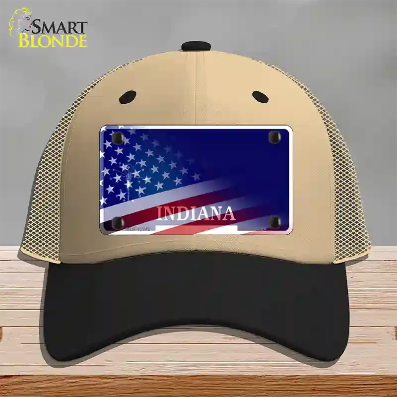 Indiana with American Flag Novelty License Plate Hat Mesh / Khaki|Black