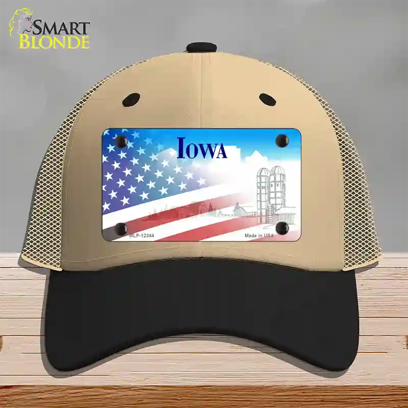 Iowa with American Flag Novelty License Plate Hat Mesh / Khaki|Black