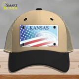 Kansas with American Flag Novelty License Plate Hat Mesh / Khaki|Black