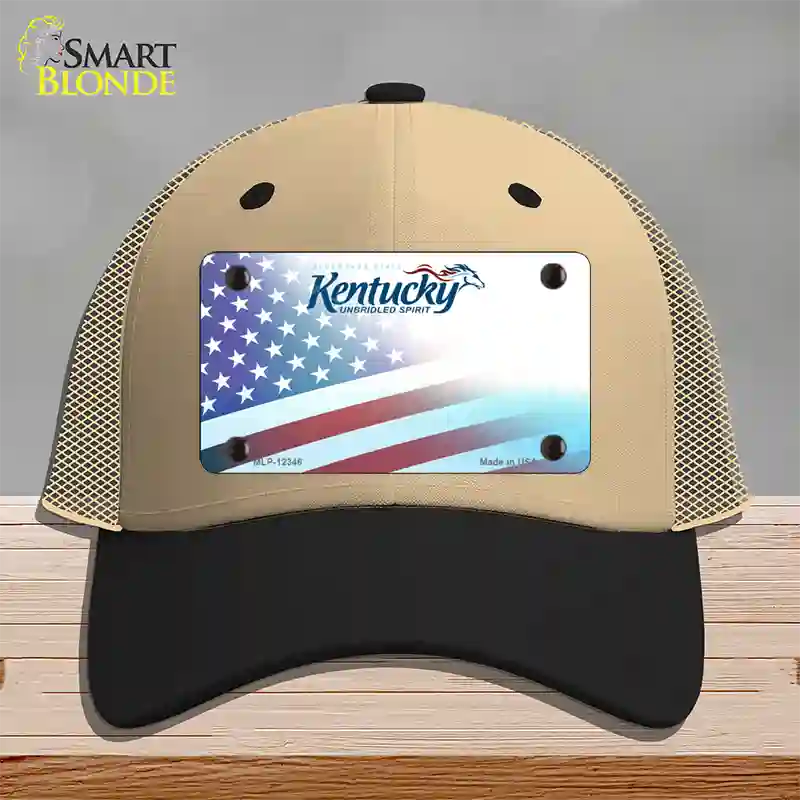 Kentucky with American Flag Novelty License Plate Hat Mesh / Khaki|Black