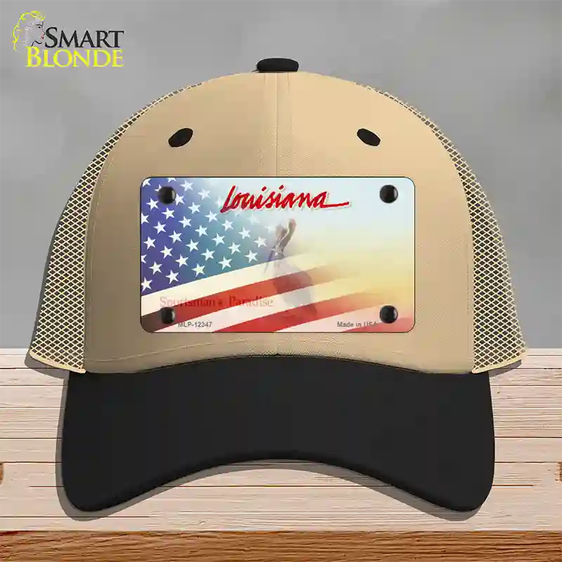 Louisiana with American Flag Novelty License Plate Hat Mesh / Khaki|Black