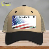 Maine with American Flag Novelty License Plate Hat Mesh / Khaki|Black