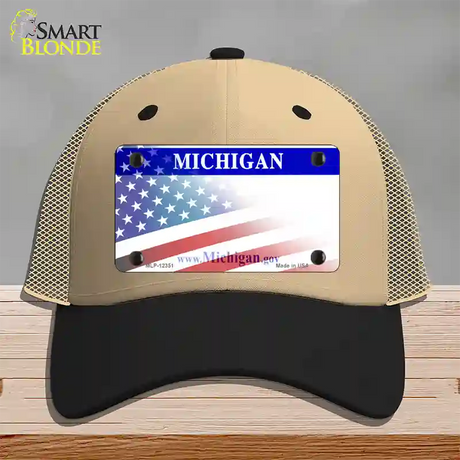 Michigan with American Flag Novelty License Plate Hat Mesh / Khaki|Black