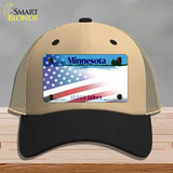 Minnesota with American Flag Novelty License Plate Hat Mesh / Khaki|Black