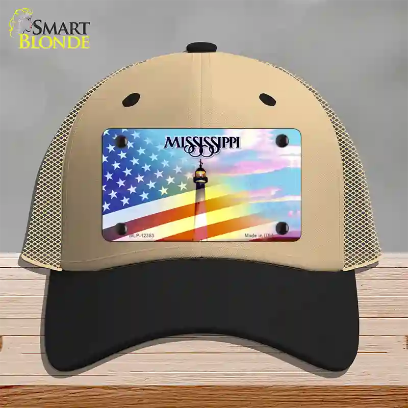 Mississippi with American Flag Novelty License Plate Hat Mesh / Khaki|Black