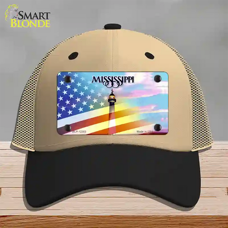 Mississippi with American Flag Novelty License Plate Hat Mesh / Khaki|Black