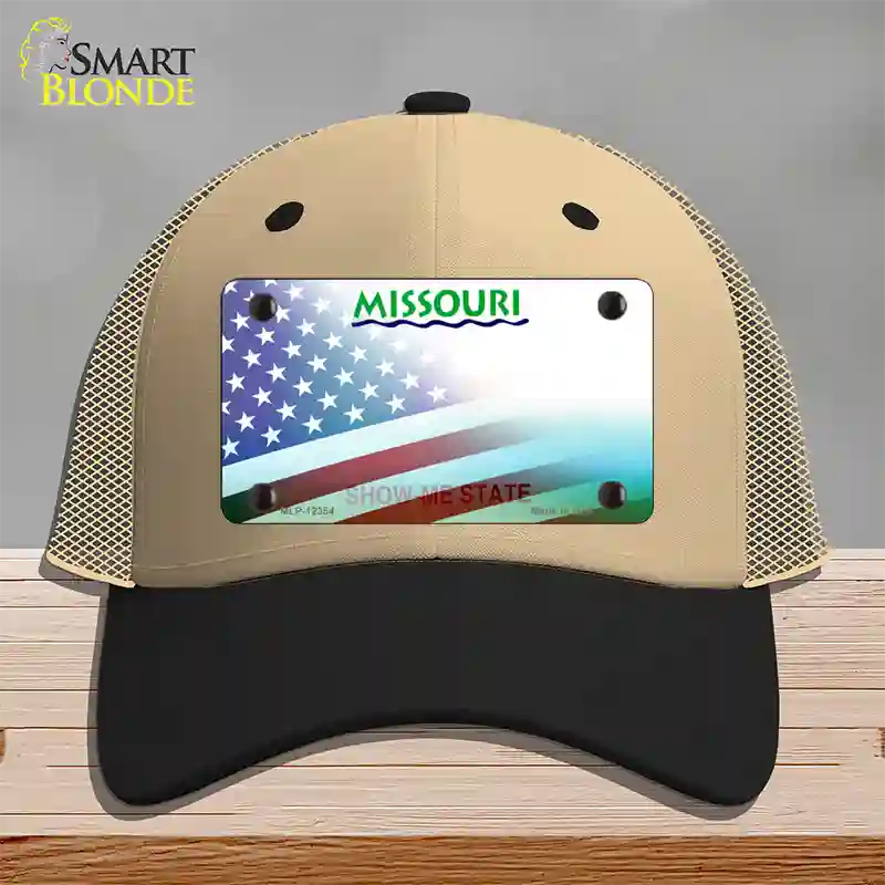 Missouri with American Flag Novelty License Plate Hat Mesh / Khaki|Black