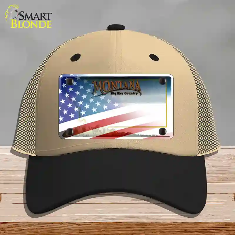 Montana with American Flag Novelty License Plate Hat Mesh / Khaki|Black