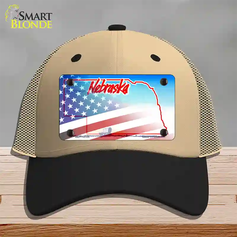 Nebraska with American Flag Novelty License Plate Hat Mesh / Khaki|Black