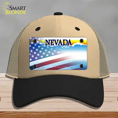 Nevada with American Flag Novelty License Plate Hat Mesh / Khaki|Black