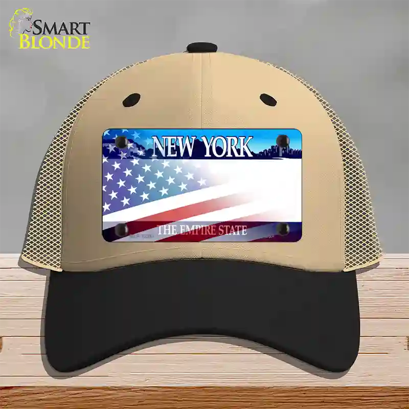 New York with American Flag Novelty License Plate Hat Mesh / Khaki|Black