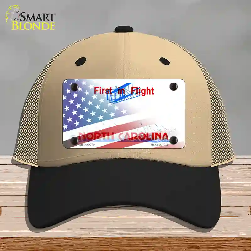 North Carolina with American Flag Novelty License Plate Hat Mesh / Khaki|Black