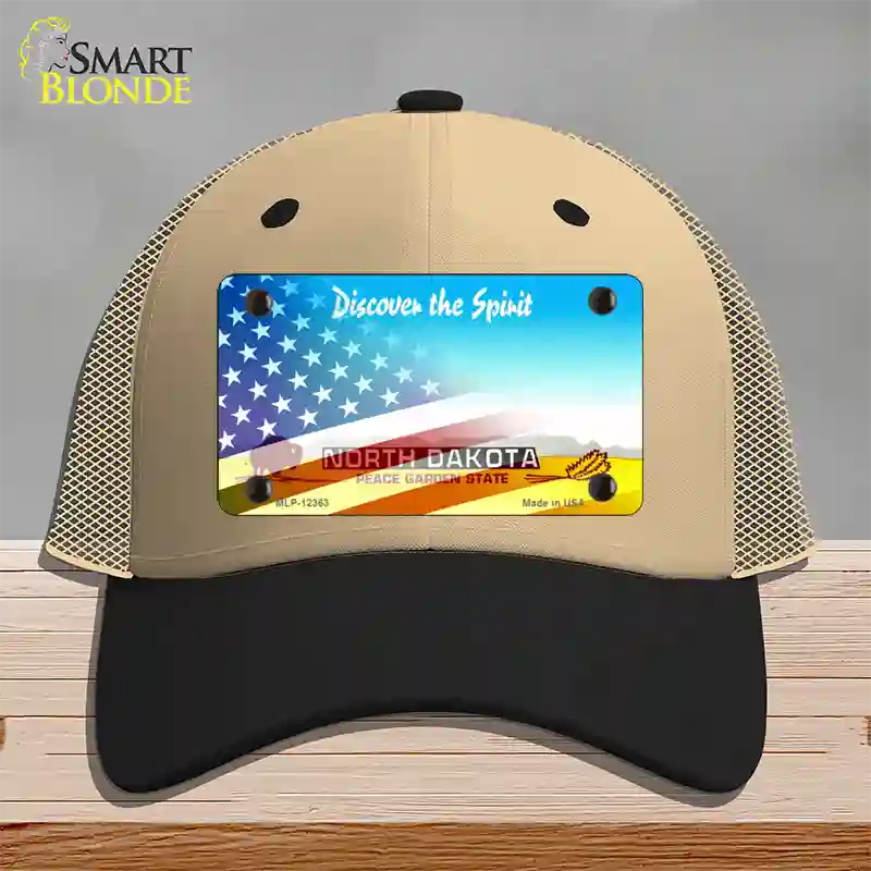 North Dakota with American Flag Novelty License Plate Hat Mesh / Khaki|Black