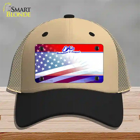 Ohio with American Flag Novelty License Plate Hat Mesh / Khaki|Black