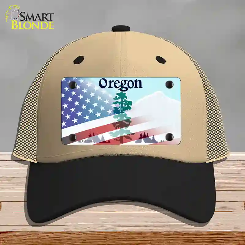 Oregon with American Flag Novelty License Plate Hat Mesh / Khaki|Black