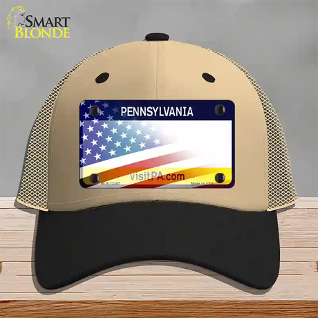 Pennsylvania with American Flag Novelty License Plate Hat Mesh / Khaki|Black