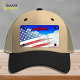 South Dakota with American Flag Novelty License Plate Hat Mesh / Khaki|Black