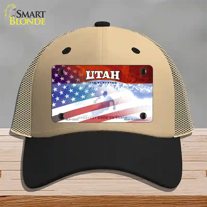 Utah with American Flag Novelty License Plate Hat Mesh / Khaki|Black