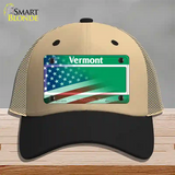 Vermont with American Flag Novelty License Plate Hat Mesh / Khaki|Black