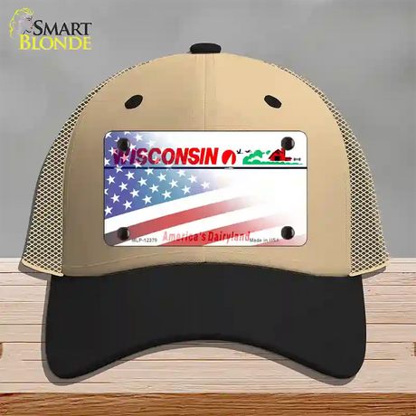 Wisconsin with American Flag Novelty License Plate Hat Mesh / Khaki|Black