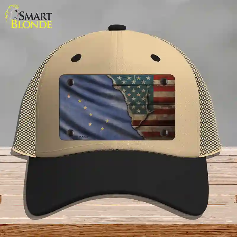 Alaska/American Flag Novelty License Plate Hat Mesh / Khaki|Black