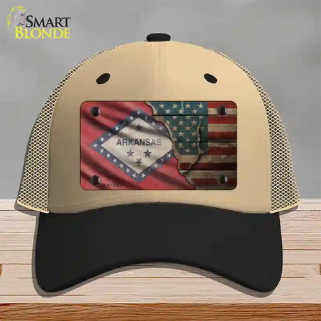 Arkansas/American Flag Novelty License Plate Hat Mesh / Khaki|Black